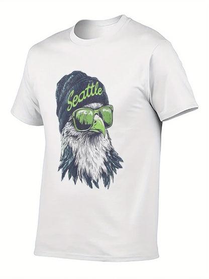 Camiseta Seattle 12th for Man - Gráfico Cabeza de Seahawk con Gafas de Moda y Diseño de Gorro de Lana Blanca Camiseta Casual Pesada de 180g