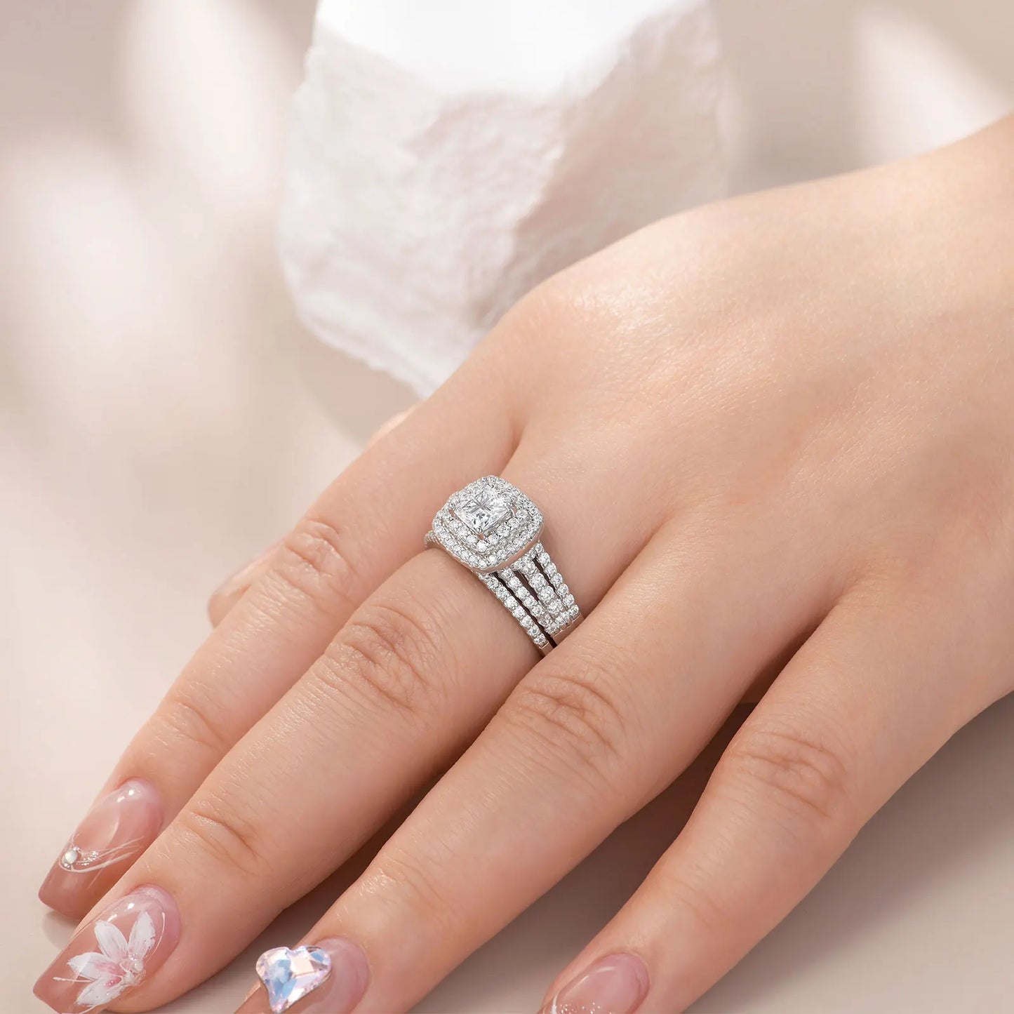 Newshe Luxury 925 Sterling Silver Halo Wedding Ring Set for Women Elegant Jewelry Princess Simulated Diamond Rings