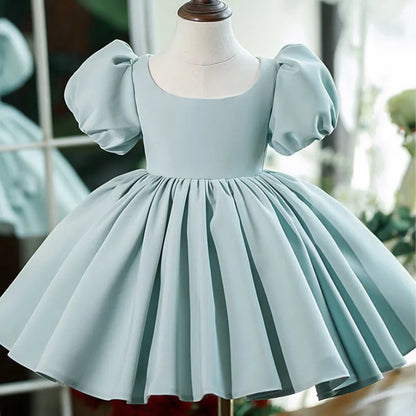 New Bubble Sleeves Solid Color Girl's Birthday Party Dress Children's Host Princess Dress Flower Children's Wedding Puffy Dress