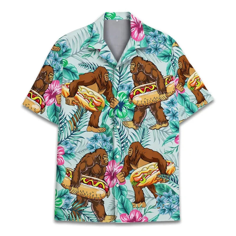 3D Printed Monkey Floral Leaf Hawaiian Shirt Men Orangutan Graphic Blouse Summer Holiday Short Sleeves Street Beach Aloha Shirts