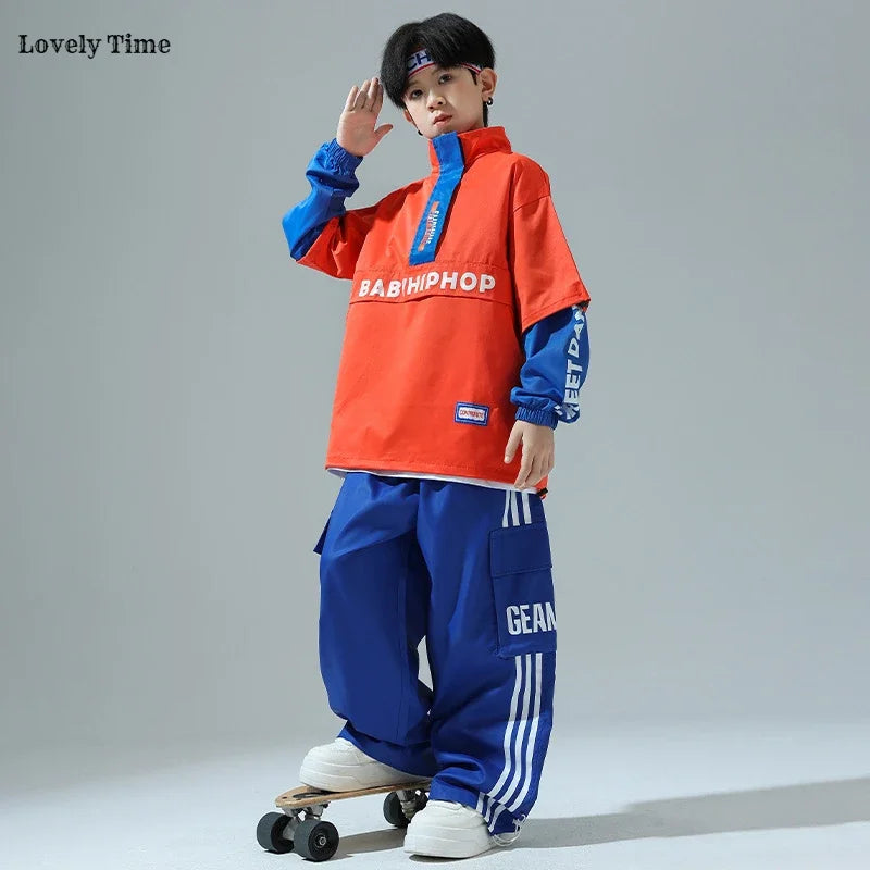 Boys Hip Hop Contrast Jacket Cargo Pants Girls Sweatshirt Pullovers Street Dance Clothes Sets Kids Tracksuit Children Streetwear