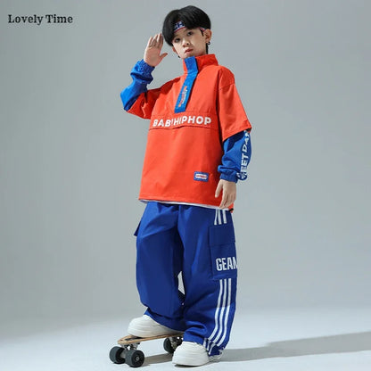Boys Hip Hop Contrast Jacket Cargo Pants Girls Sweatshirt Pullovers Street Dance Clothes Sets Kids Tracksuit Children Streetwear