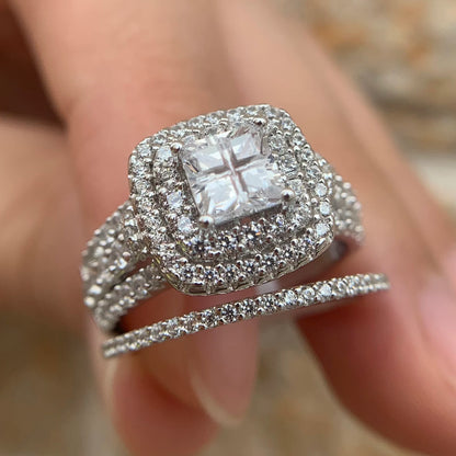 Newshe Luxury 925 Sterling Silver Halo Wedding Ring Set for Women Elegant Jewelry Princess Simulated Diamond Rings