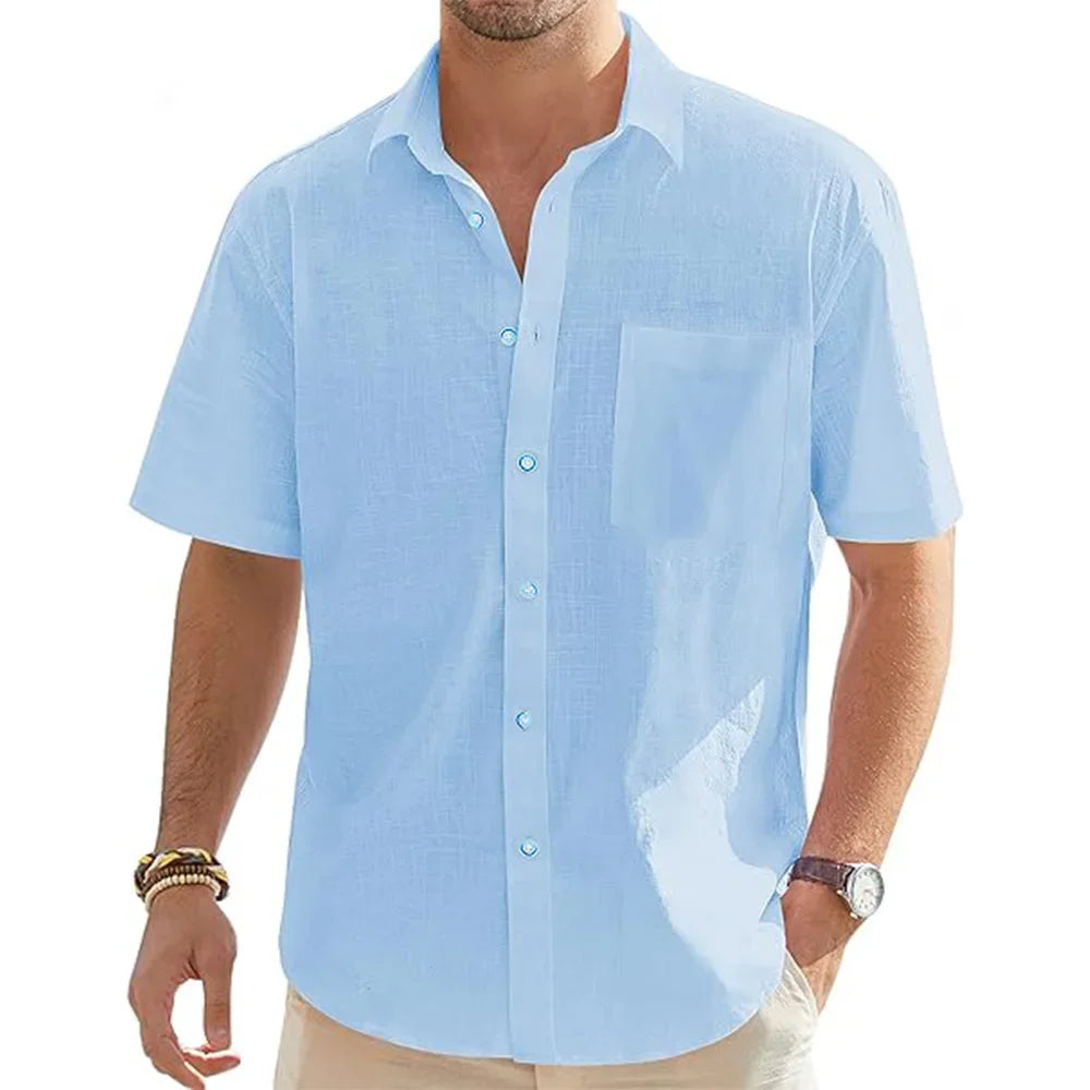 New Men's Shirts Cotton Linen Short-sleeved Single-breasted Shirts Men's Holiday Beach Shirts Streetwear Solid Colour Tops