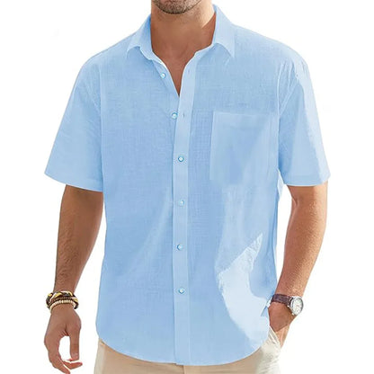 New Men's Shirts Cotton Linen Short-sleeved Single-breasted Shirts Men's Holiday Beach Shirts Streetwear Solid Colour Tops