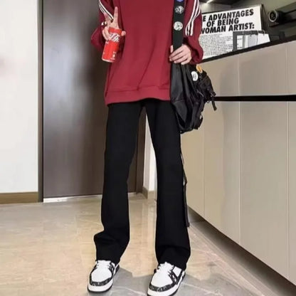 American Retro Long Row Button Design Jeans Men's High Street Loose Wide Leg Floor-Length Trousers Trendy Straight Leg Jeans