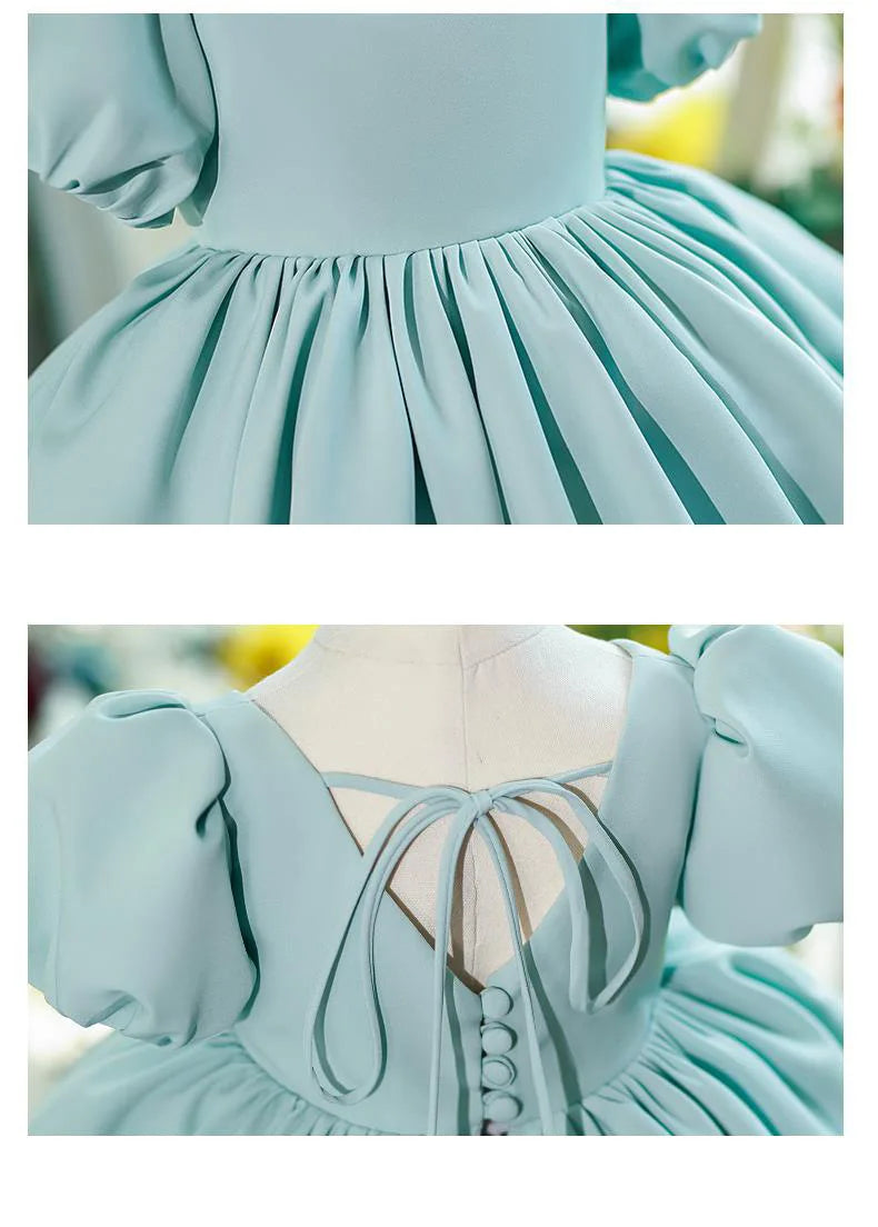 New Bubble Sleeves Solid Color Girl's Birthday Party Dress Children's Host Princess Dress Flower Children's Wedding Puffy Dress