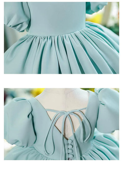 New Bubble Sleeves Solid Color Girl's Birthday Party Dress Children's Host Princess Dress Flower Children's Wedding Puffy Dress