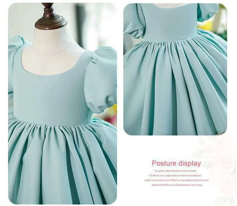 New Bubble Sleeves Solid Color Girl's Birthday Party Dress Children's Host Princess Dress Flower Children's Wedding Puffy Dress