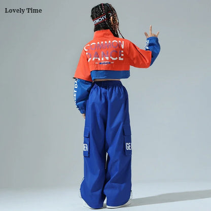 Boys Hip Hop Contrast Jacket Cargo Pants Girls Sweatshirt Pullovers Street Dance Clothes Sets Kids Tracksuit Children Streetwear