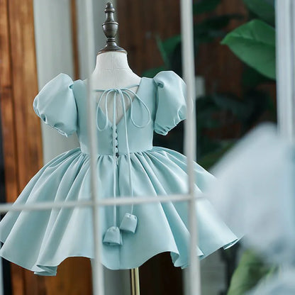 New Bubble Sleeves Solid Color Girl's Birthday Party Dress Children's Host Princess Dress Flower Children's Wedding Puffy Dress