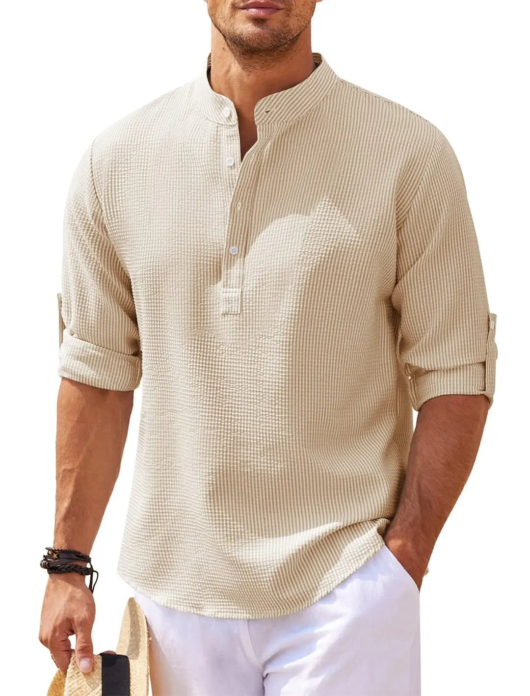 Spring Summer Men's Cotton Linen Polo Shirts Casual Long Sleeve Lightweight Henley Neck Solid Color Tops  Beach Shirts Fashion
