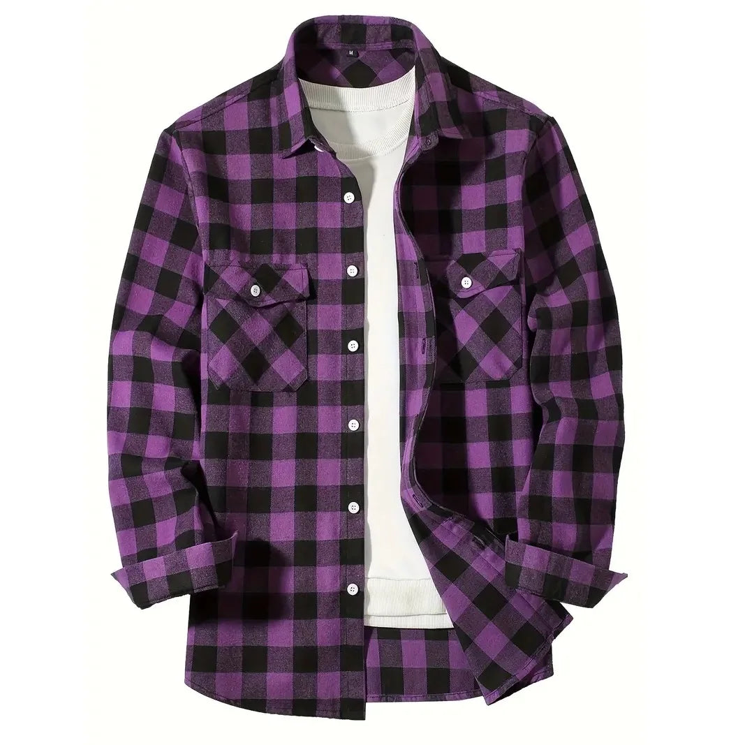 Camisas de hombre con un solo botón, clásicas a cuadros, informal elegante, camisa de franela de manga larga, dos bolsillos en el pecho, diseño de primavera otoño, tops para hombre