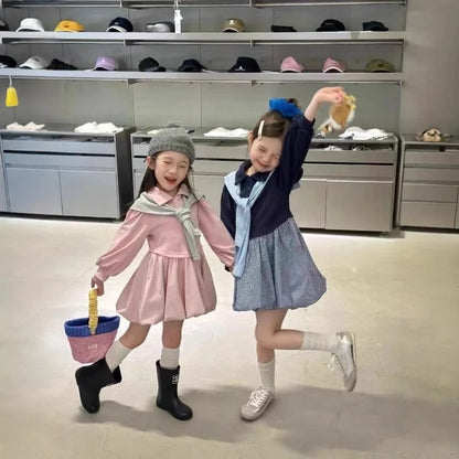 2025 Korea Girls Baby Summer Spring Autumn Dress Plaid Patchwork Casual Dresses Fashion Kids Children Clothes Vestidos