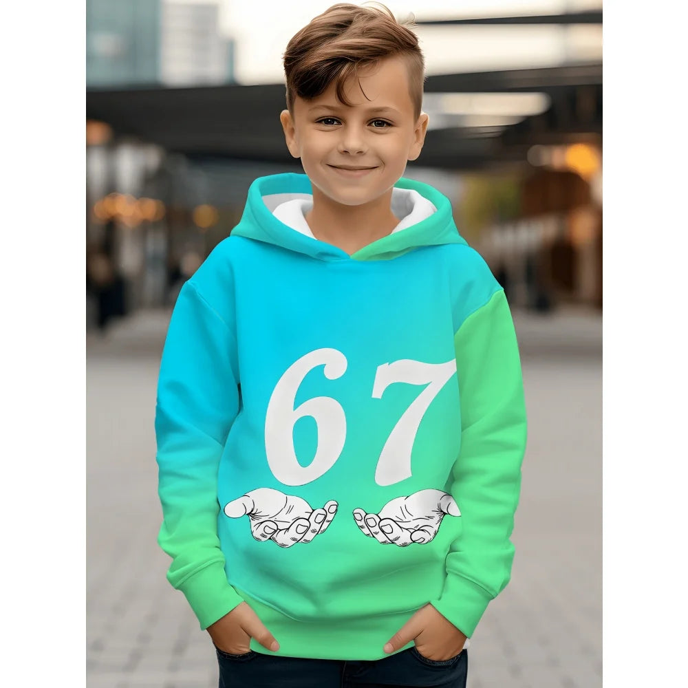 Children's Clothing Boys' Funny Number "67" Creative Print Hooded Sweatshirt Boys' Casual Sports Long Sleeve Hoodie Jacket Tops