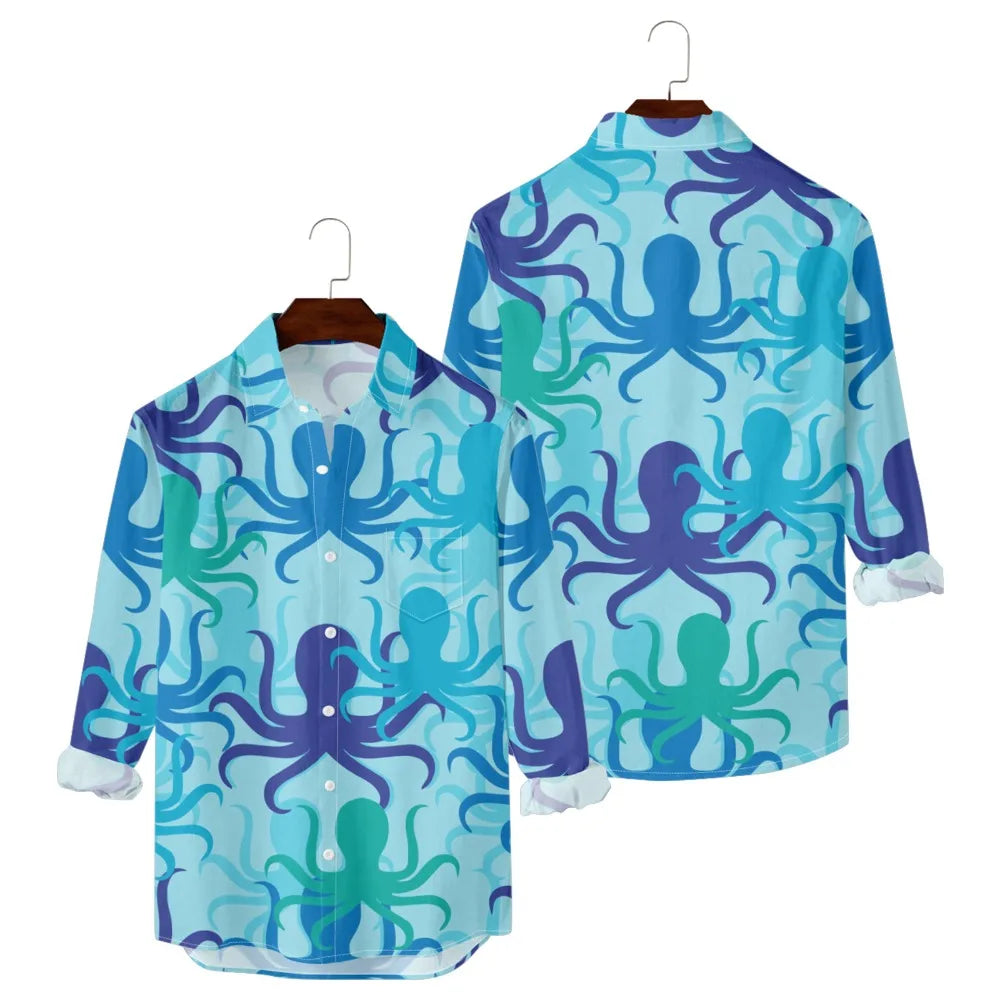 Hawaiian Men Shirts Fish Swarm Fishbone Print Full Sleeve Casual Button Up Beach Parties Travel Poolside Ocean Punk Fusion Shirt