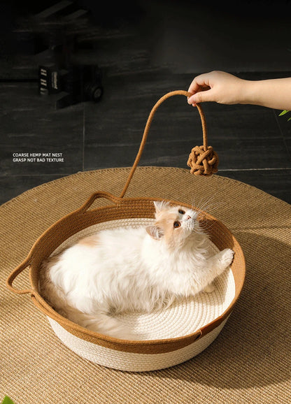 Cat Bed Pet Nest Pure Manual Rattan Woven Cattailgrass Cat Scratch Board Removable Washable Winter Warm Pad All-Season