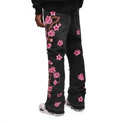 Men's high-street ripped jeans with floral embroidery patchwork, trendy street-style distressed flared jeans