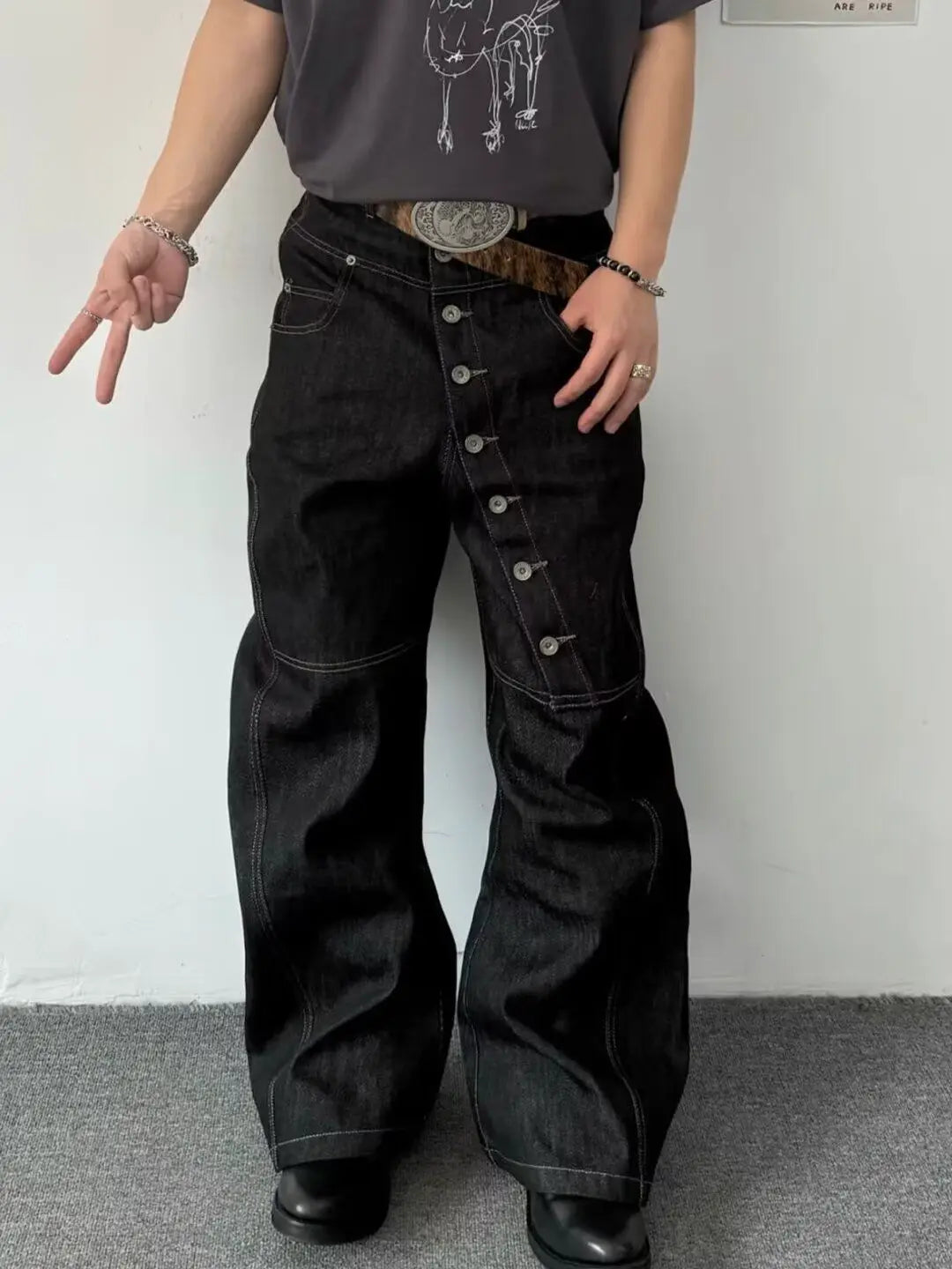 American Retro Long Row Button Design Jeans Men's High Street Loose Wide Leg Floor-Length Trousers Trendy Straight Leg Jeans