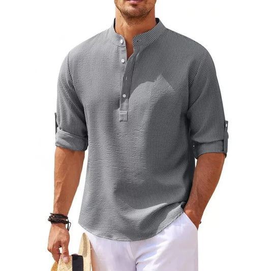 Spring Summer Men's Cotton Linen Polo Shirts Casual Long Sleeve Lightweight Henley Neck Solid Color Tops  Beach Shirts Fashion