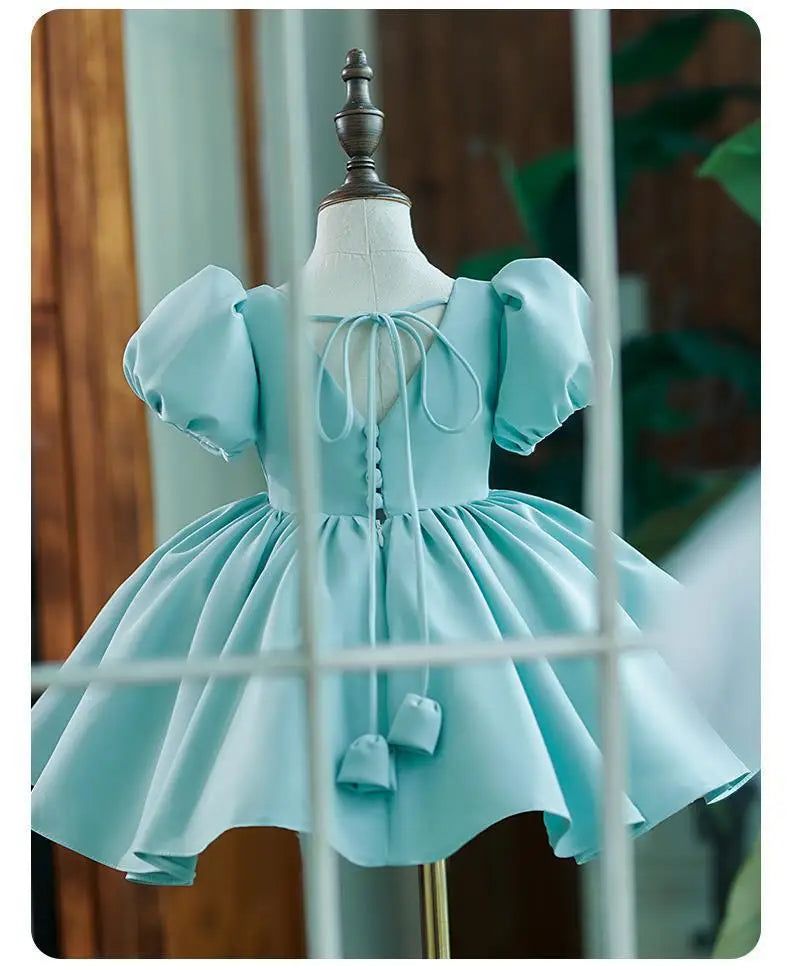 New Bubble Sleeves Solid Color Girl's Birthday Party Dress Children's Host Princess Dress Flower Children's Wedding Puffy Dress