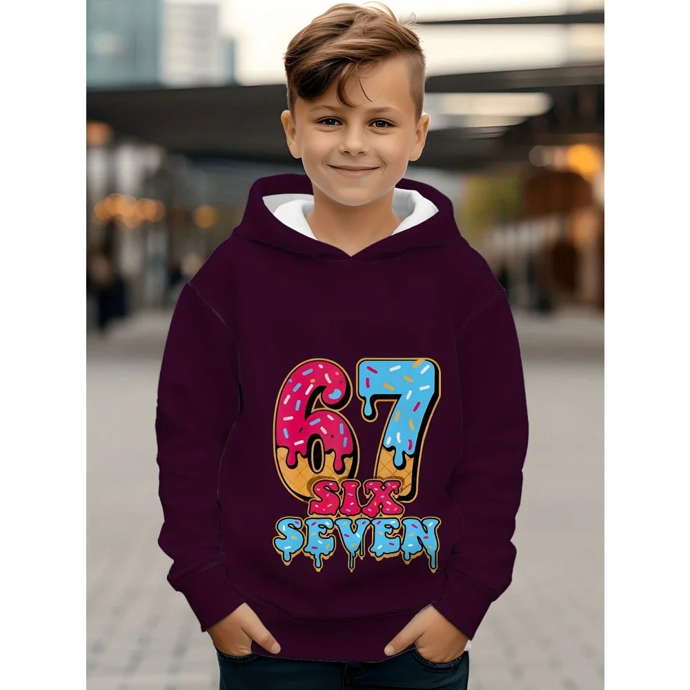 Children's Clothing Boys' Funny Number "67" Creative Print Hooded Sweatshirt Boys' Casual Sports Long Sleeve Hoodie Jacket Tops