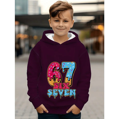 Children's Clothing Boys' Funny Number "67" Creative Print Hooded Sweatshirt Boys' Casual Sports Long Sleeve Hoodie Jacket Tops
