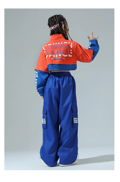 Boys Hip Hop Contrast Jacket Cargo Pants Girls Sweatshirt Pullovers Street Dance Clothes Sets Kids Tracksuit Children Streetwear