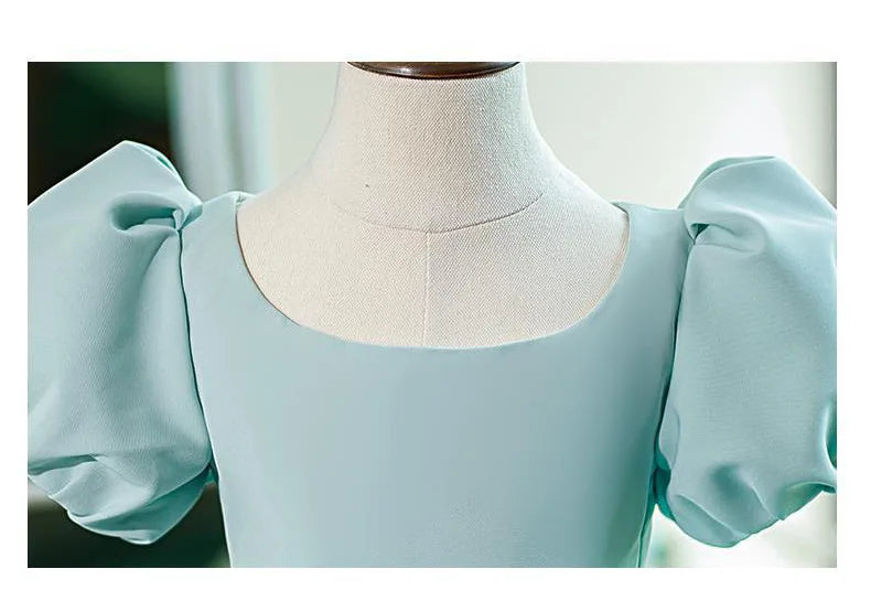 New Bubble Sleeves Solid Color Girl's Birthday Party Dress Children's Host Princess Dress Flower Children's Wedding Puffy Dress