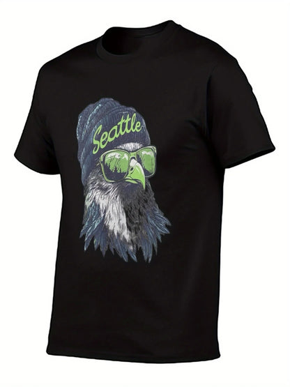 Camiseta Seattle 12th for Man - Gráfico Cabeza de Seahawk con Gafas de Moda y Diseño de Gorro de Lana Blanca Camiseta Casual Pesada de 180g