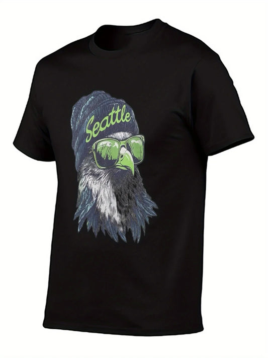 Seattle 12th for Man T-Shirt - Seahawk Head Graphic with Fashion Glasses & Beanie Design White 180g Heavyweight Casual Tee