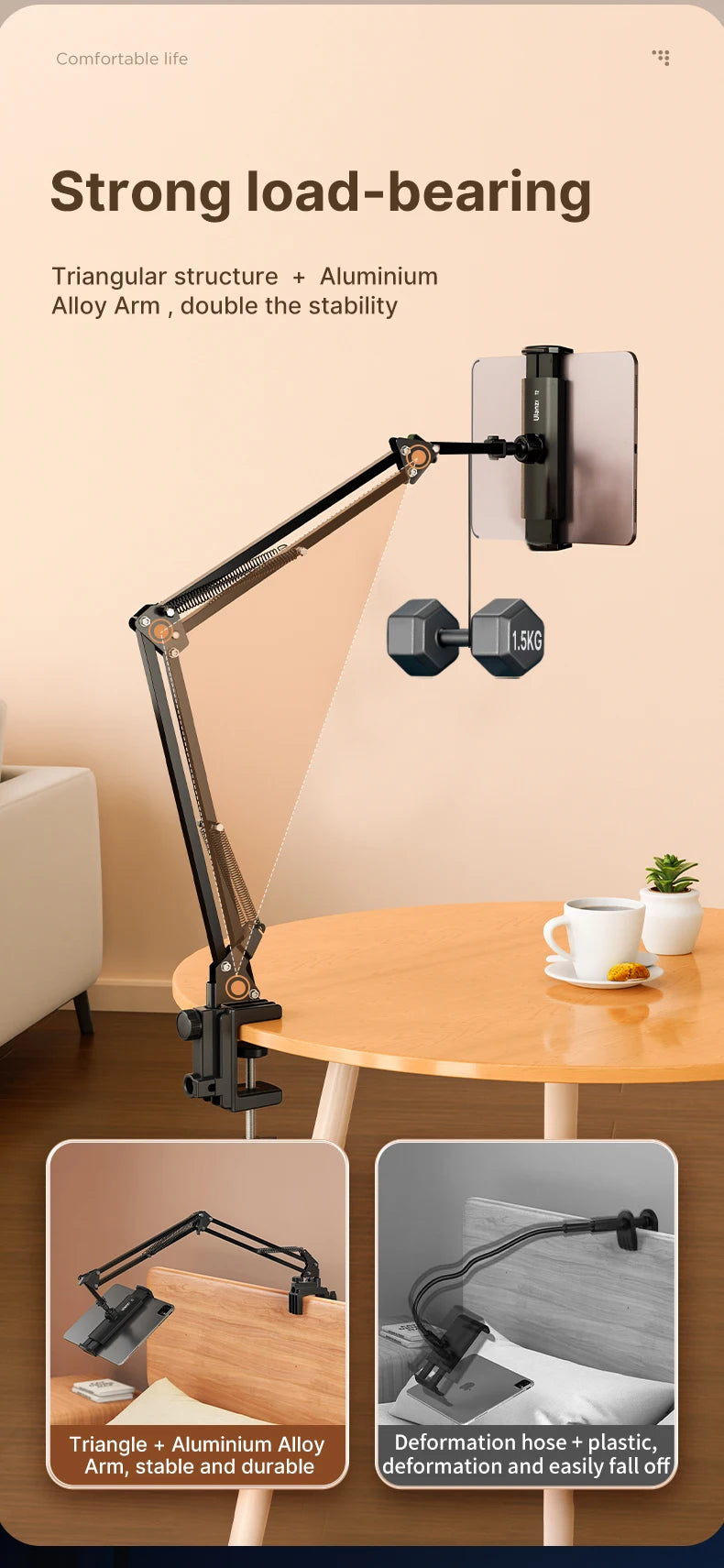 Ulanzi T2 Soporte de escritorio de metal con brazo largo, soporte para tablet de cama, soporte perezoso de escritorio, soporte para iPad, smartphone, brazo articulado para micrófono