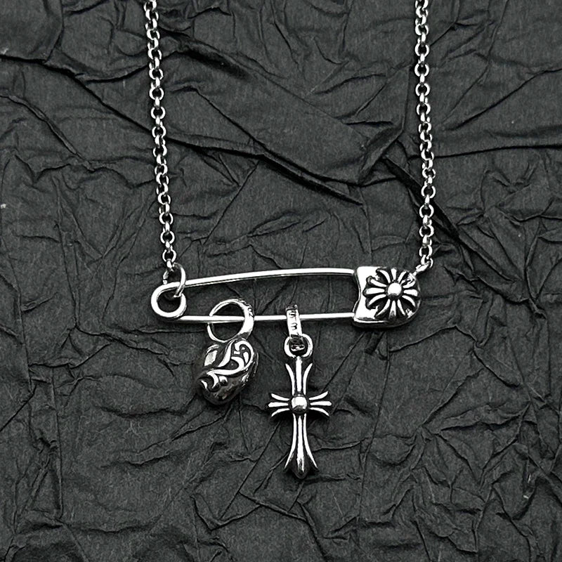 S925 Sterling Silver, Retro and Old Peach Heart Cross Pin Necklace, European and American Men's and Women's Personalities