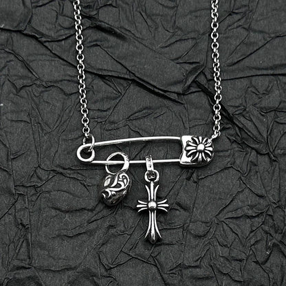 S925 Sterling Silver, Retro and Old Peach Heart Cross Pin Necklace, European and American Men's and Women's Personalities