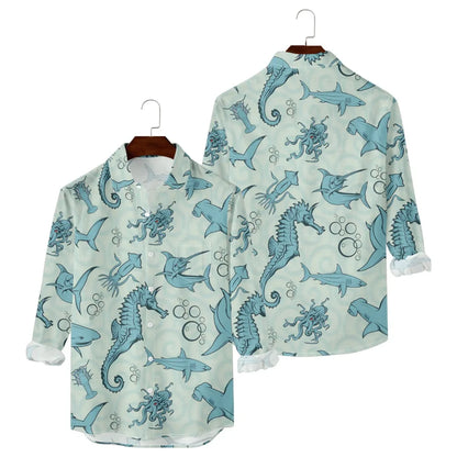 Hawaiian Men Shirts Fish Swarm Fishbone Print Full Sleeve Casual Button Up Beach Parties Travel Poolside Ocean Punk Fusion Shirt