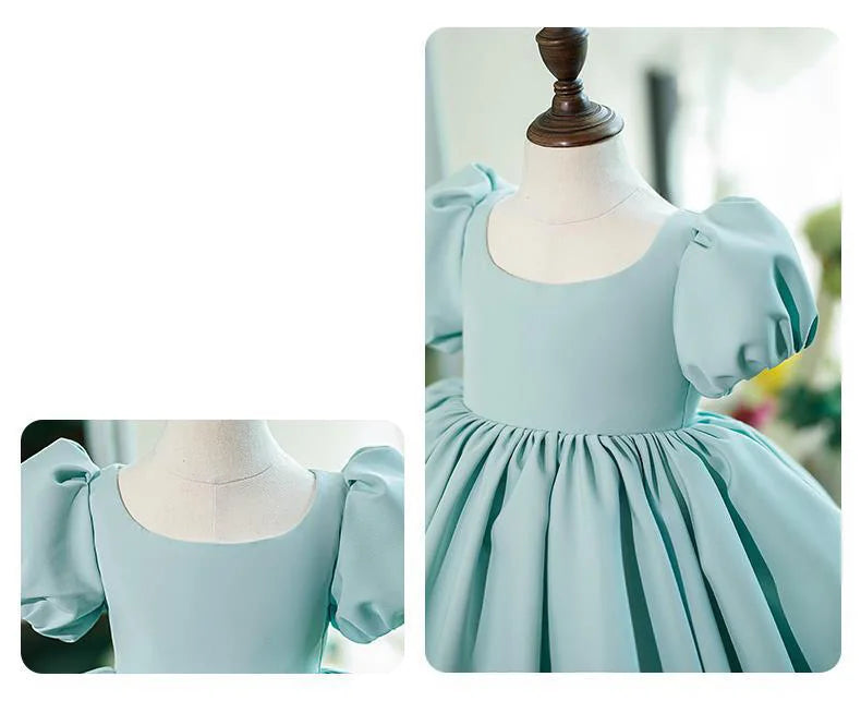 New Bubble Sleeves Solid Color Girl's Birthday Party Dress Children's Host Princess Dress Flower Children's Wedding Puffy Dress