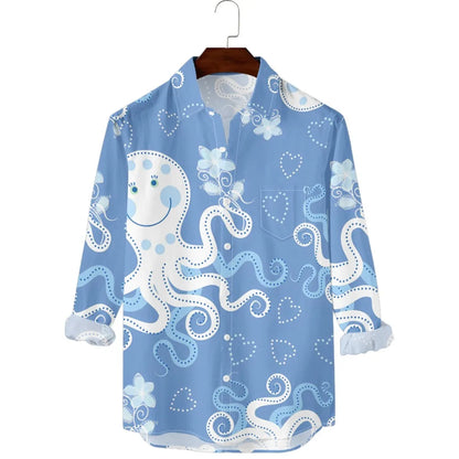 Hawaiian Men Shirts Fish Swarm Fishbone Print Full Sleeve Casual Button Up Beach Parties Travel Poolside Ocean Punk Fusion Shirt