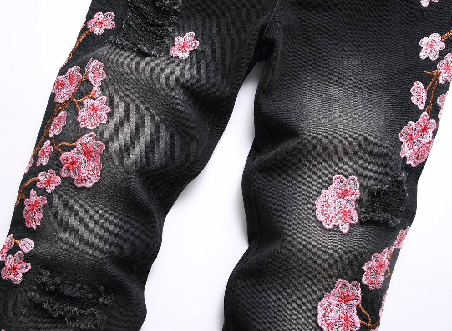 Men's high-street ripped jeans with floral embroidery patchwork, trendy street-style distressed flared jeans