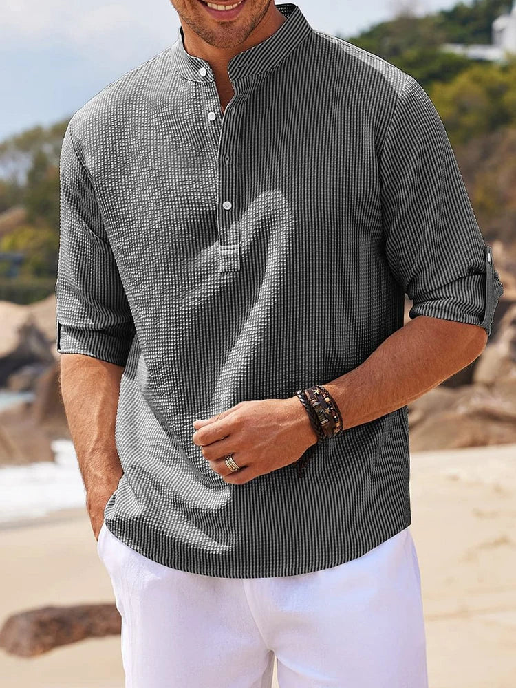 Spring Summer Men's Cotton Linen Polo Shirts Casual Long Sleeve Lightweight Henley Neck Solid Color Tops  Beach Shirts Fashion