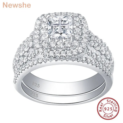 Newshe Luxury 925 Sterling Silver Halo Wedding Ring Set for Women Elegant Jewelry Princess Simulated Diamond Rings