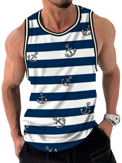 Mens Retro Stripe Graphic Tank Tops Fashion Summer Sleeveless Casual 3D Printed Vest Loose Quick Dry Breathable Tees Pullovers