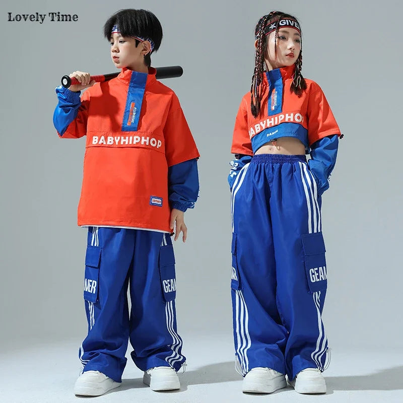 Boys Hip Hop Contrast Jacket Cargo Pants Girls Sweatshirt Pullovers Street Dance Clothes Sets Kids Tracksuit Children Streetwear