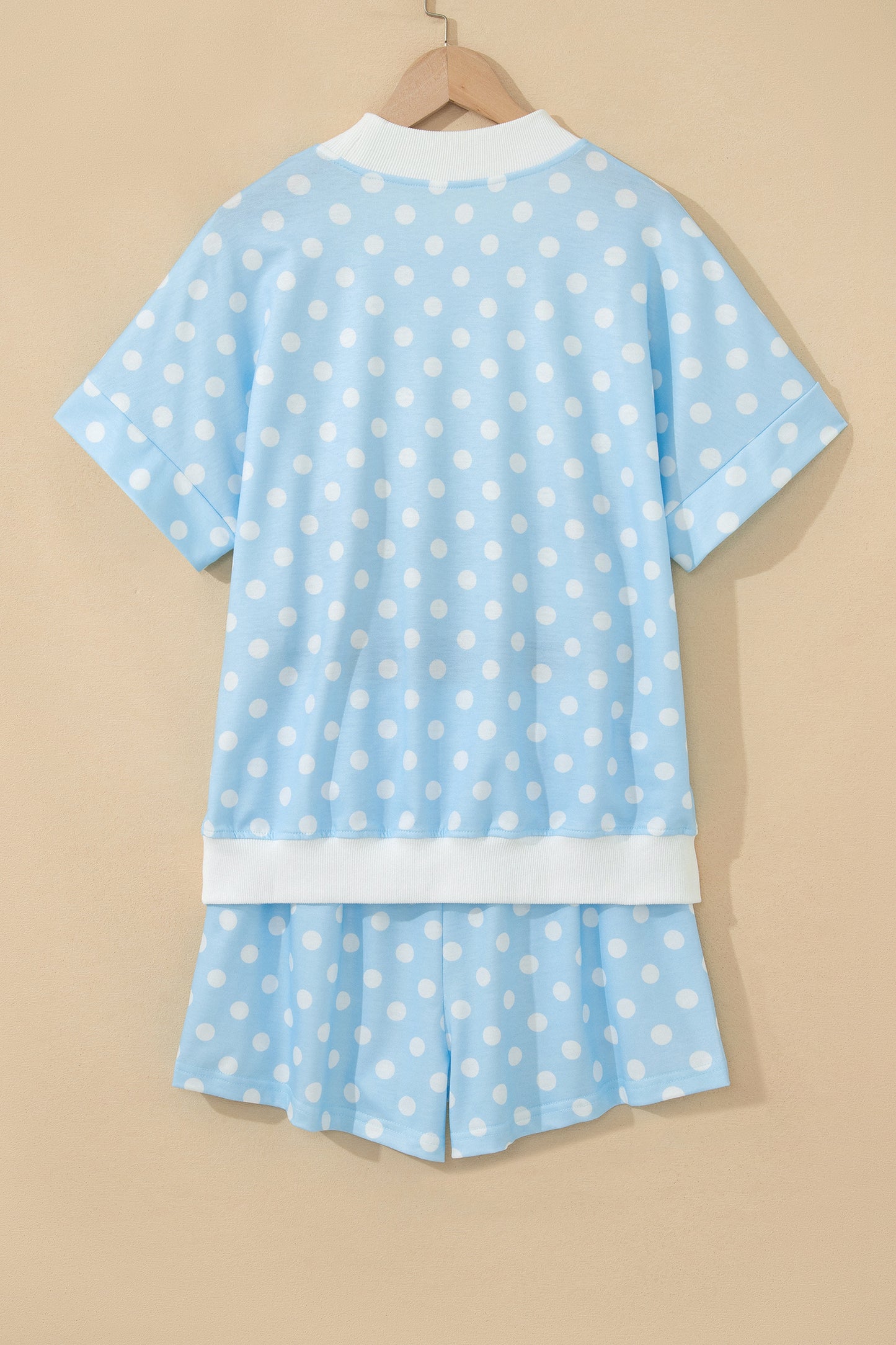 Sky Blue Polka Dot Print Color Block Trim Mock Neck Short Set - Snoopy's Closet