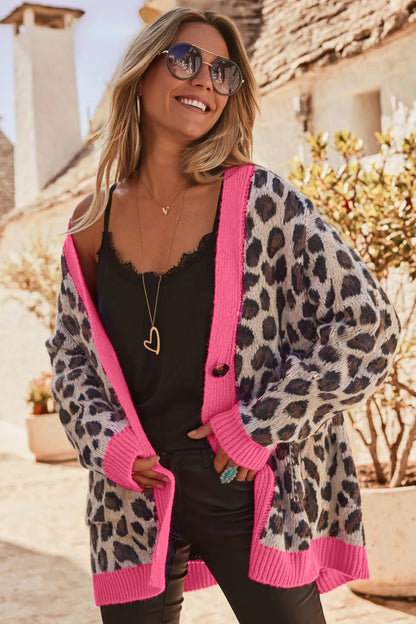 Khaki Oversize Color Block Trim Button Down Leopard Print Cardigan - Snoopy's Closet
