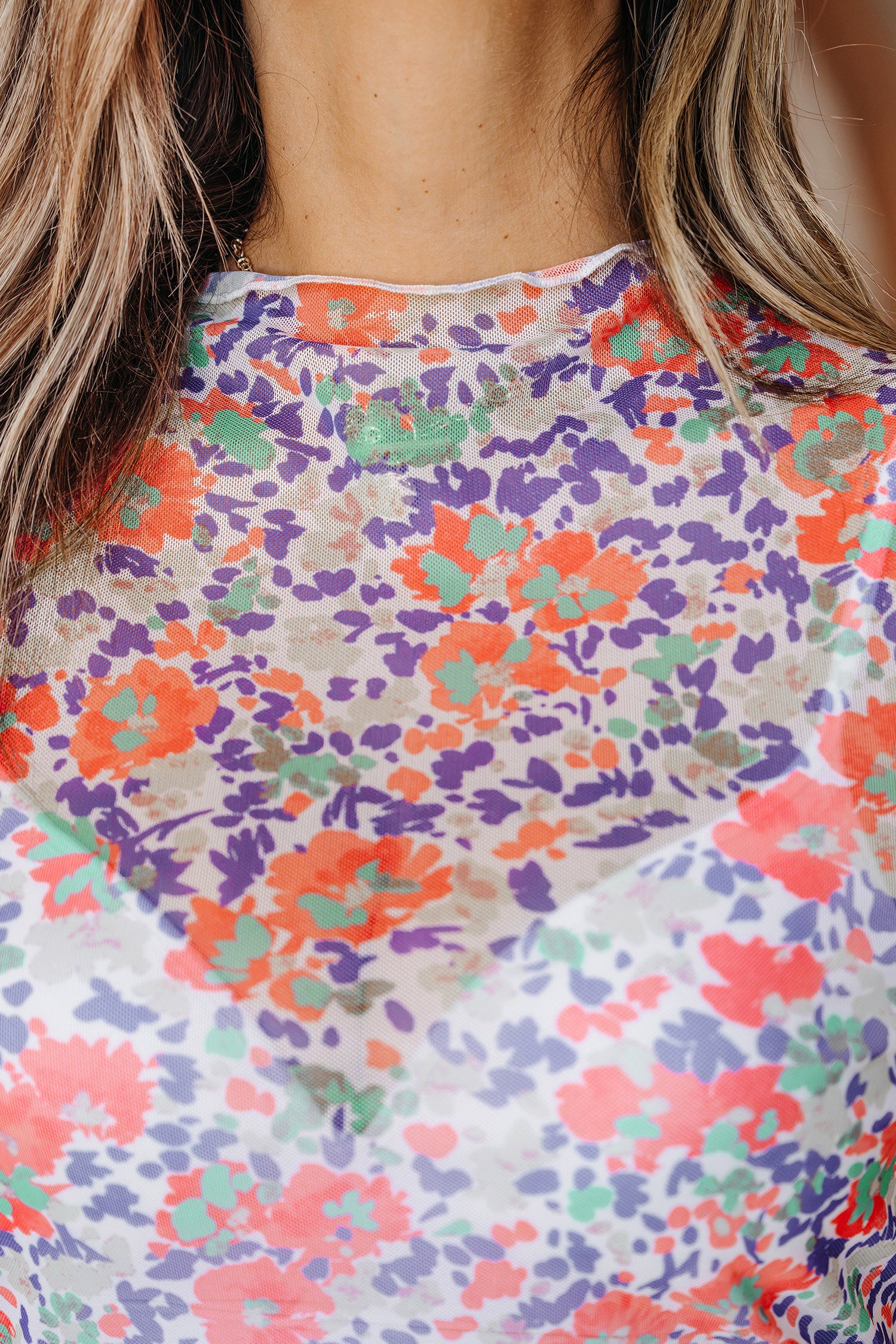 Blue Floral Print Slim Fit Mesh Long Sleeve Mock Neck Top - Snoopy's Closet
