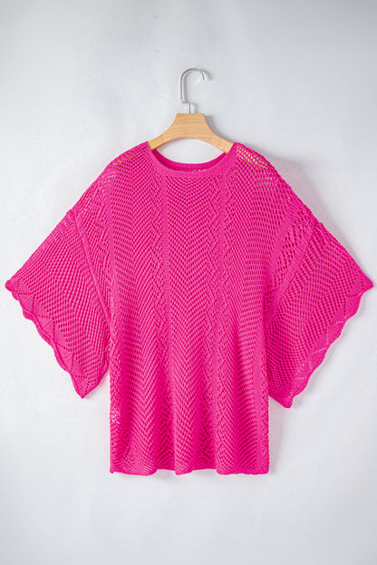 Rose Red Pointelle Knit Scallop Edge Short Sleeve Top - Snoopy's Closet
