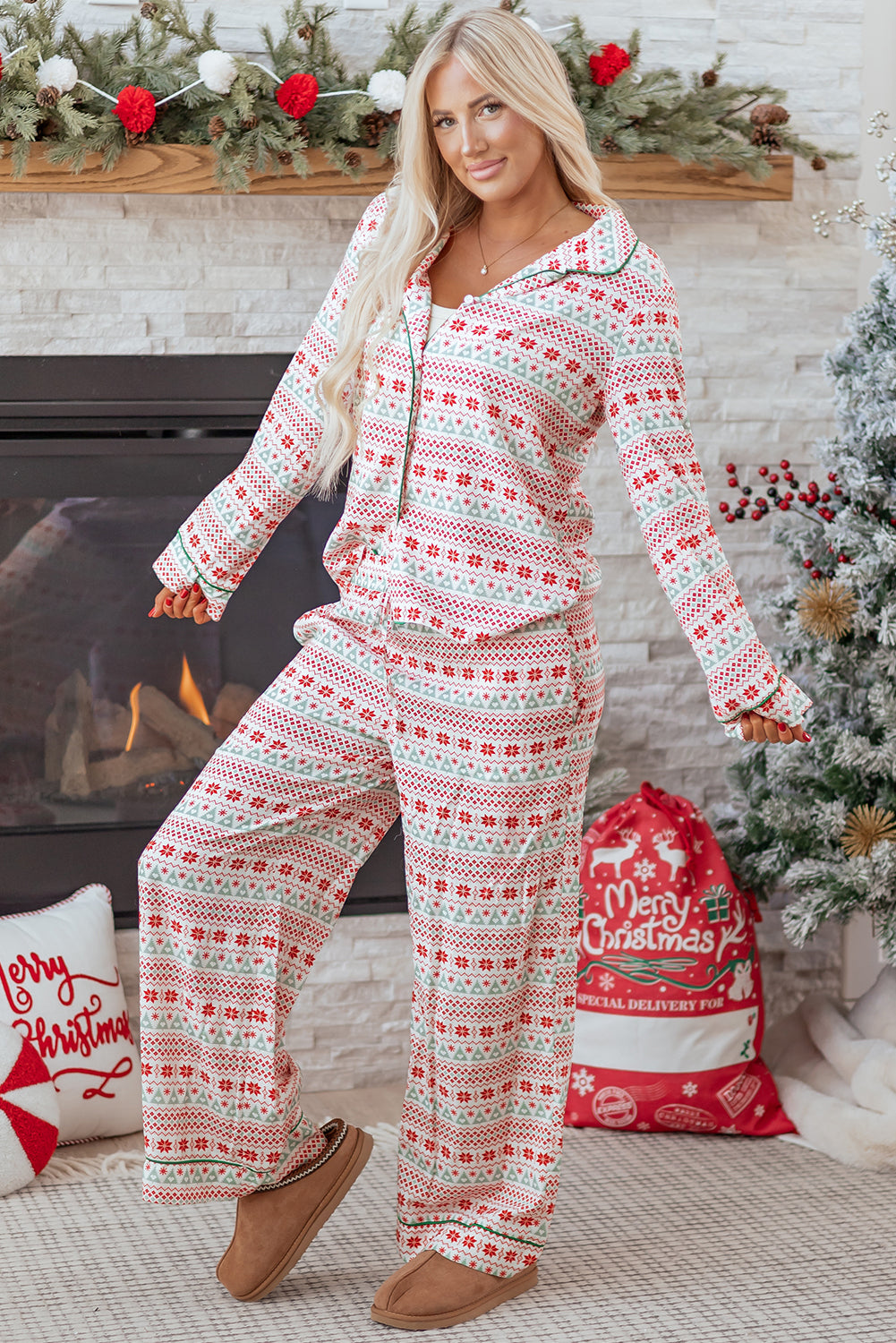 White Christmas Pattern Print Shirt Style Long 2pcs Pajama Set - Snoopy's Closet
