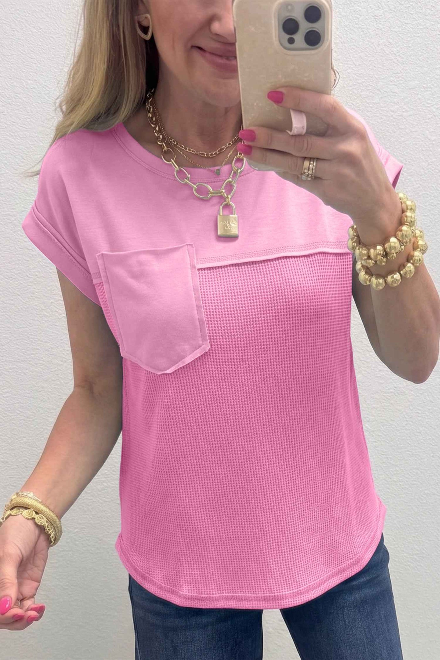 Pink Solid Color Raw Seam Waffled Patchwork Casual T Shirt