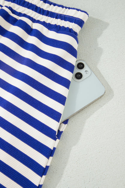 Dark Blue Textured Stripe Print Contrast Trim Zip Collar Sleeveless 2pcs Skort Set - Snoopy's Closet