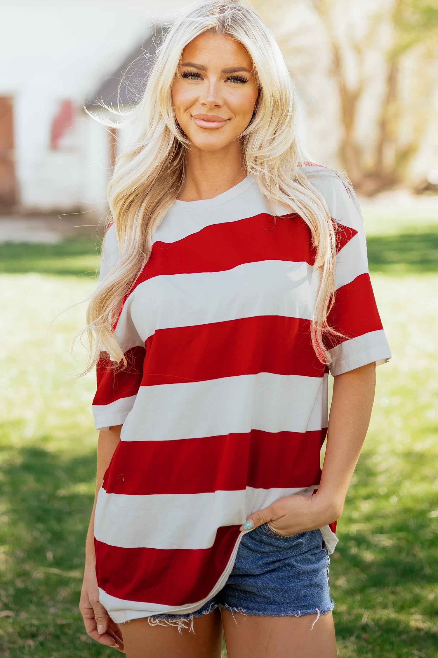 Bright Pink Striped Color Block Oversize Tunic Tee